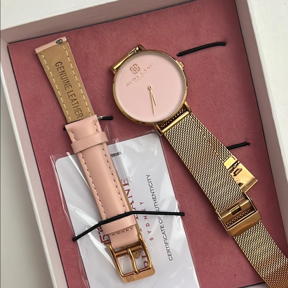 Rose Pink Dial Women's Watch with Gold Mesh and Pink Leather Strap